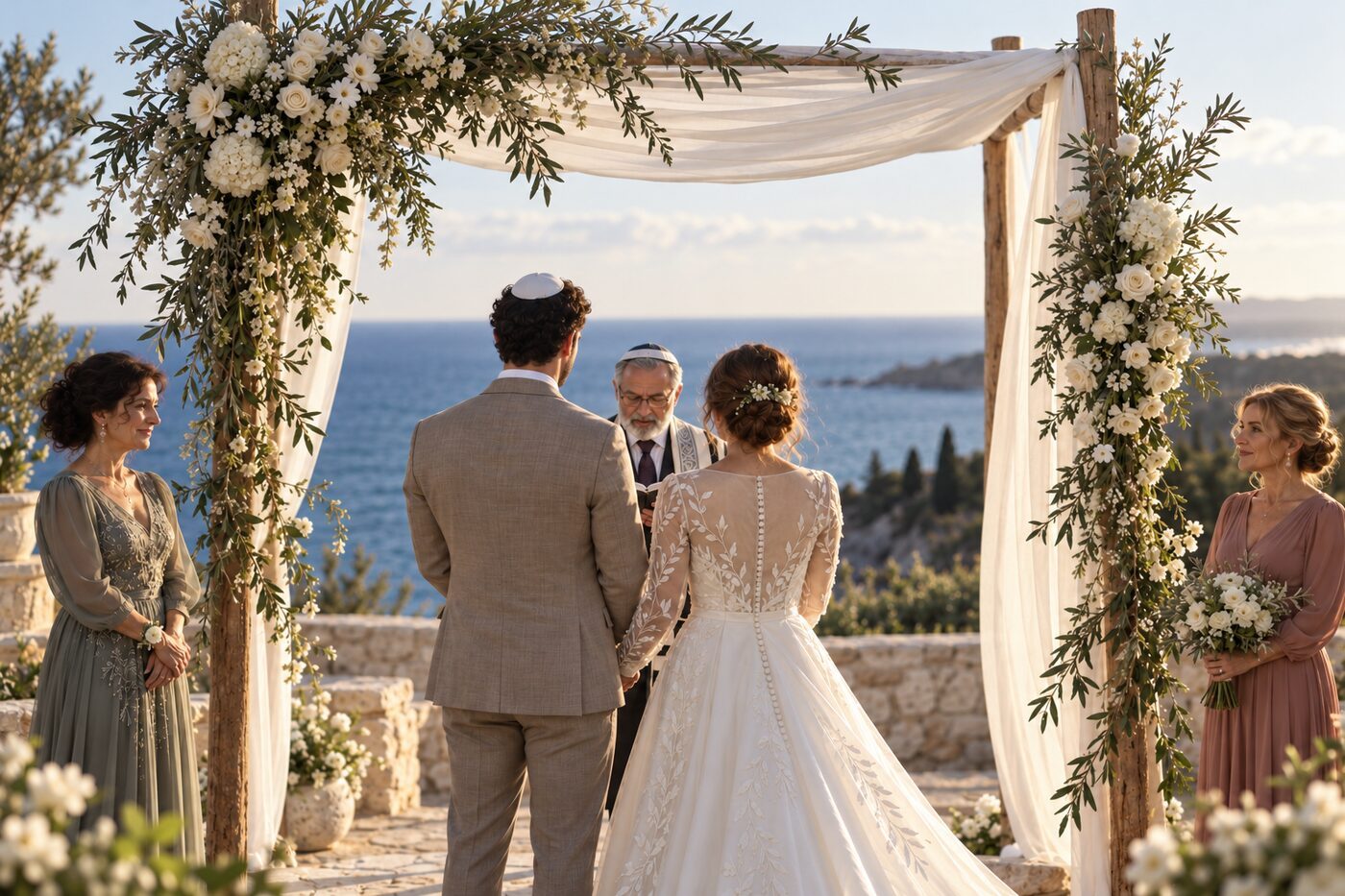 A bride and groom under a flowered chuppah by the sea