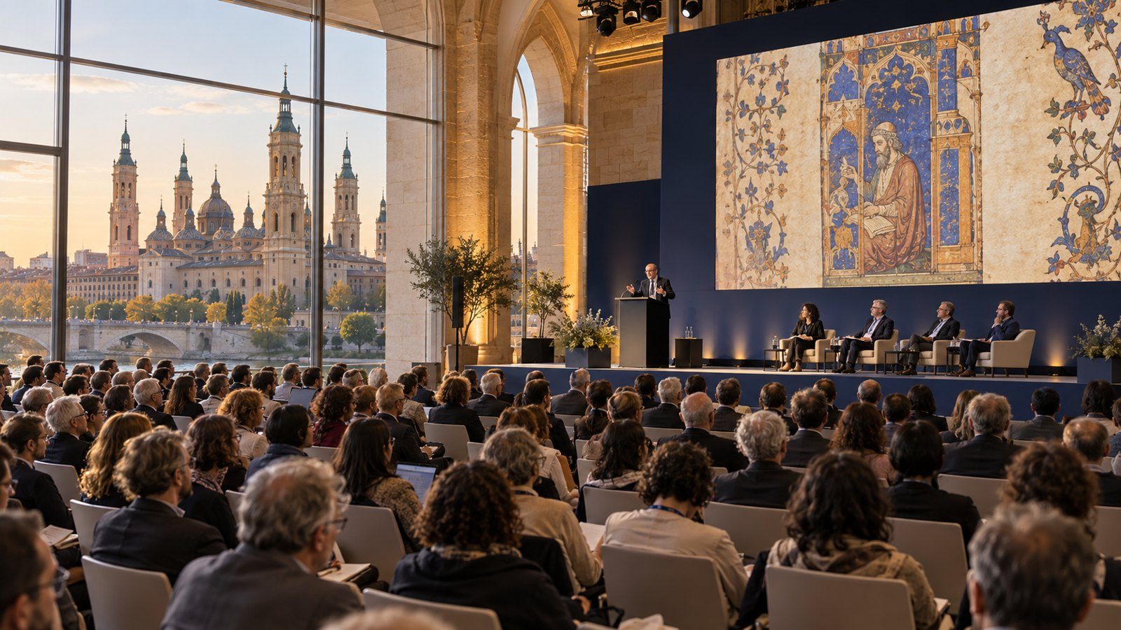 A congress hall with a large audience and a speaker on stage, with Zaragoza's basilica seen through the windows