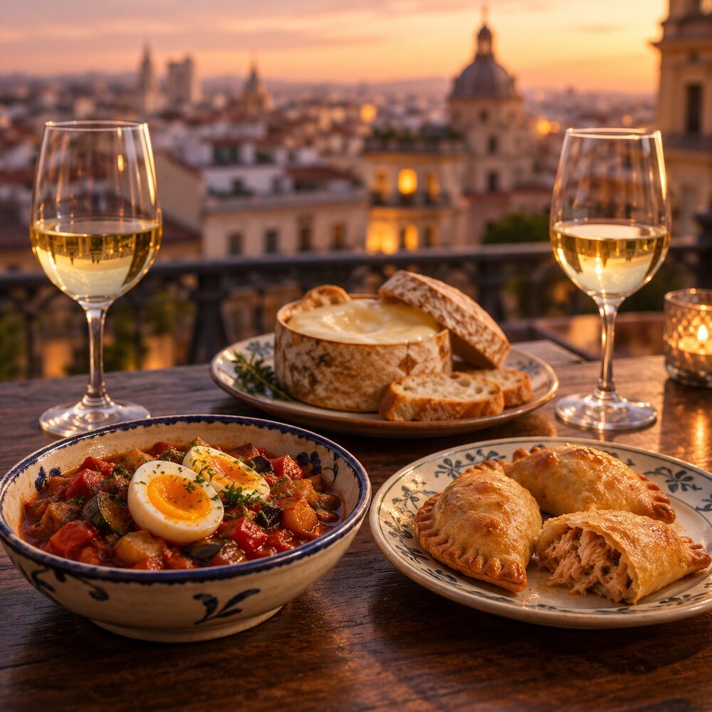 Pisto with egg, Torta del Casar and empanadillas with white wine