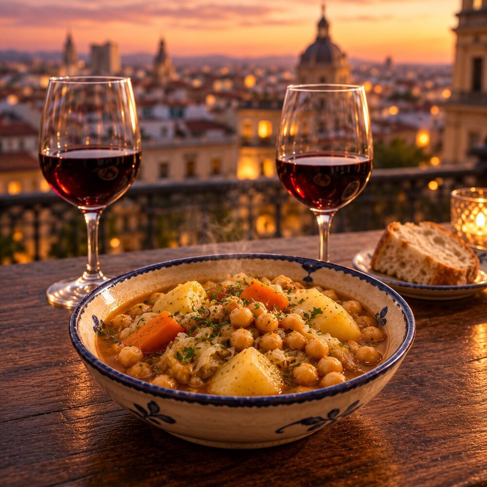 An adafina-style stew and red wine over the rooftops of Madrid